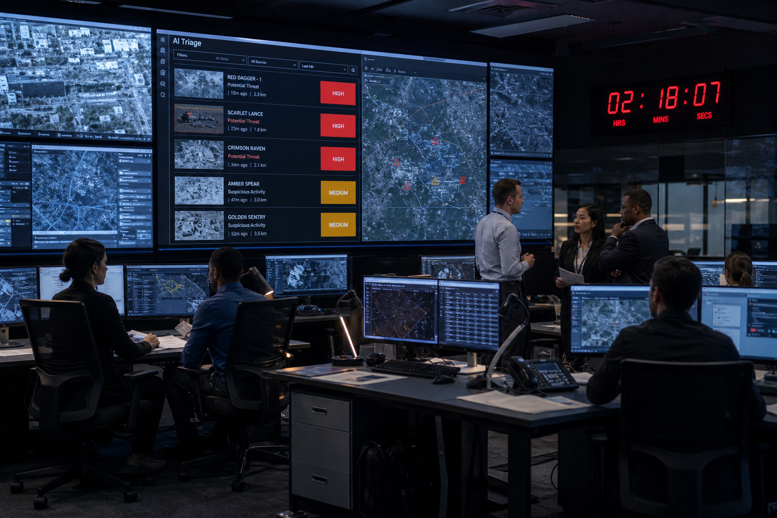 AI Triage Control Room with Blue Glow and Countdown Clock