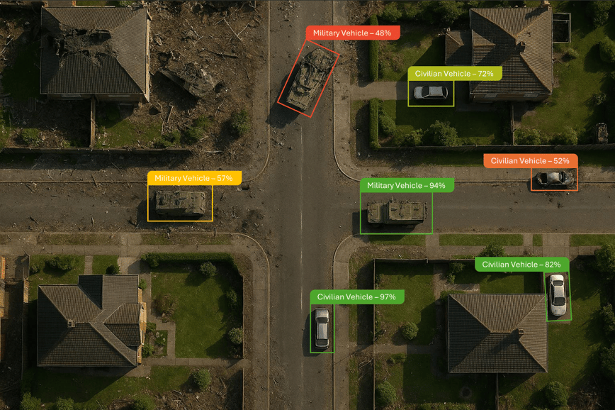 Image: realistic urban top-down satellite image with civilian and military vehicles identified and classified in bounding boxes, showing how the battlefield can be messy, creating room for error
