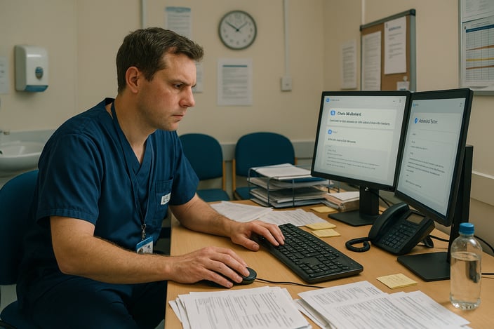 NHS hospital setting with a clinician using an administrative tool to manage a busy workload